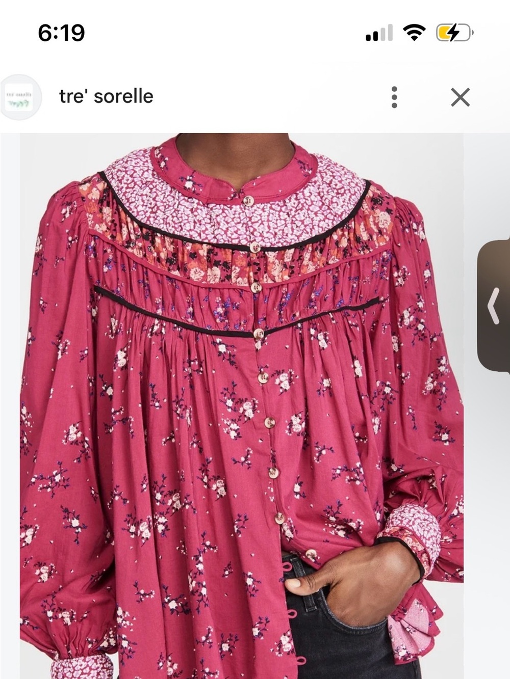 Free People Raspberry Floral Top with black trim detail - XS
